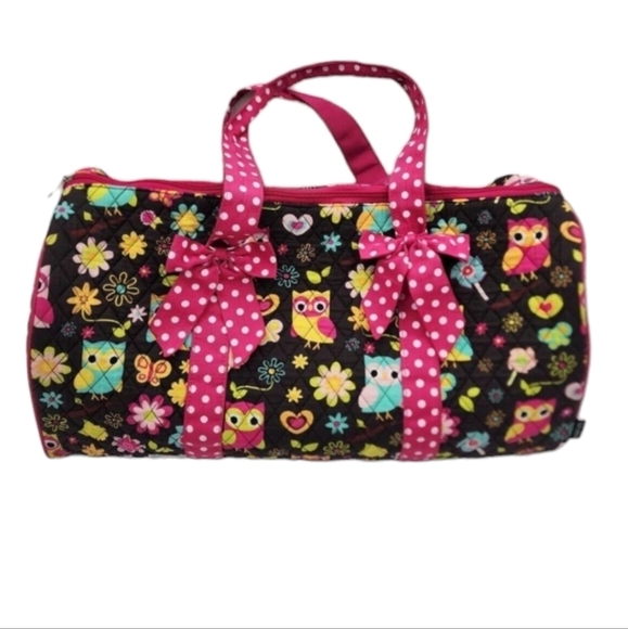 Sazy Bee Owl Print Large Travel Duffle Quilted Bag Soft Polka Dot Bow - Picture 1 of 15